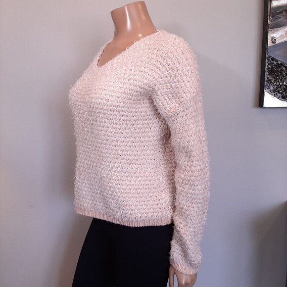 Silvian Heach Denim Fuzzy Peach Knit Vneck Sweater Womens Size XS Pink - Picture 2 of 10